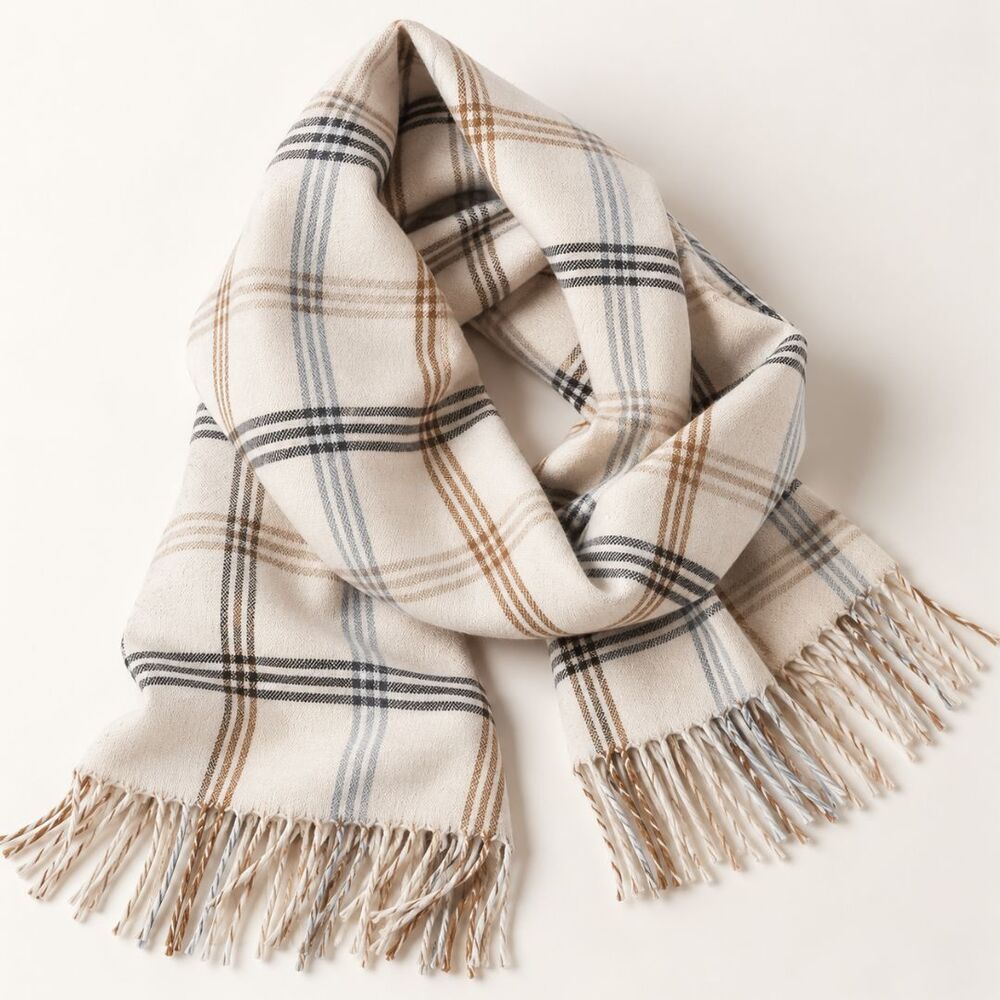 100% Cashmere Scarf Made in Scotland Ivory Plaid Fringe Scottish Luxury Neutral
